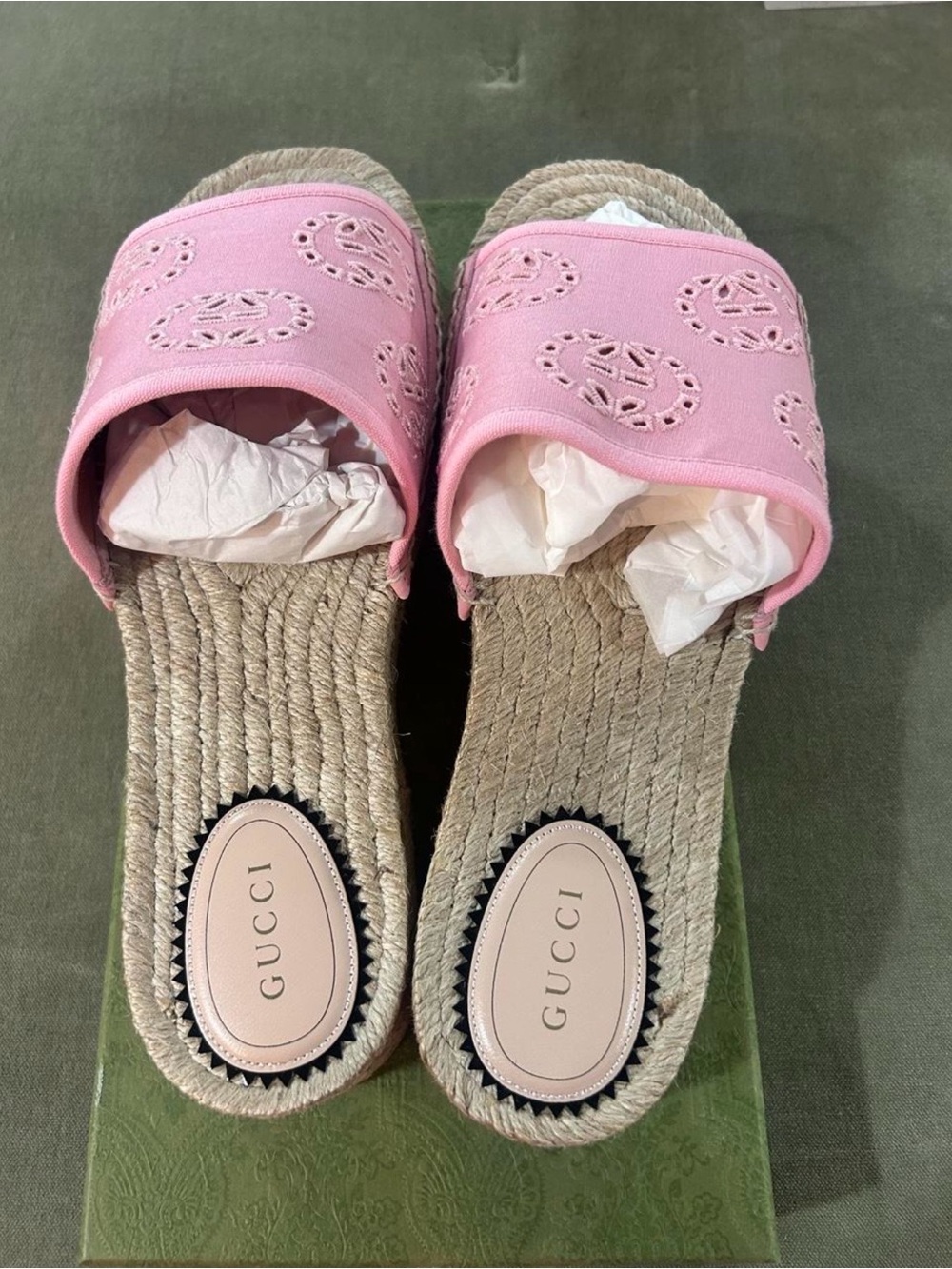 Gucci Damita Double GG Embroidered Pink Canvas Espadrille Slide Sandals 41 Us 10
